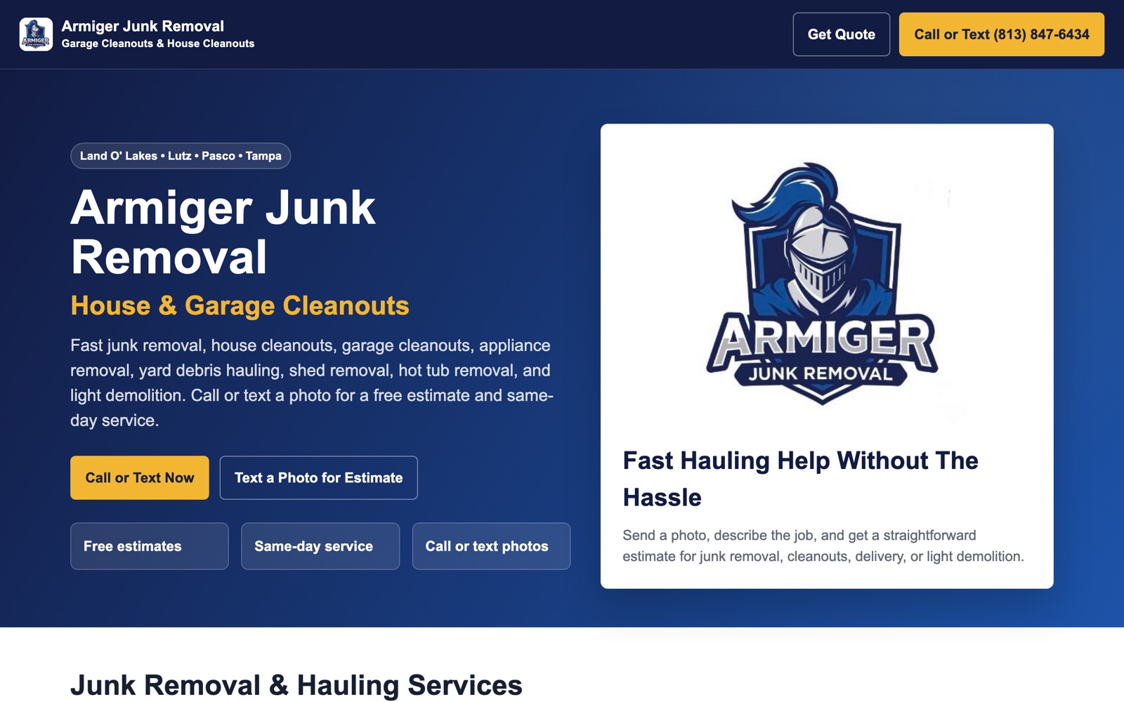 Armiger Junk Removal website